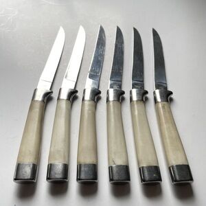 VINTAGE Faux Bone Handle Steak Knives 6 MCM Cream Silver Stainless Steel